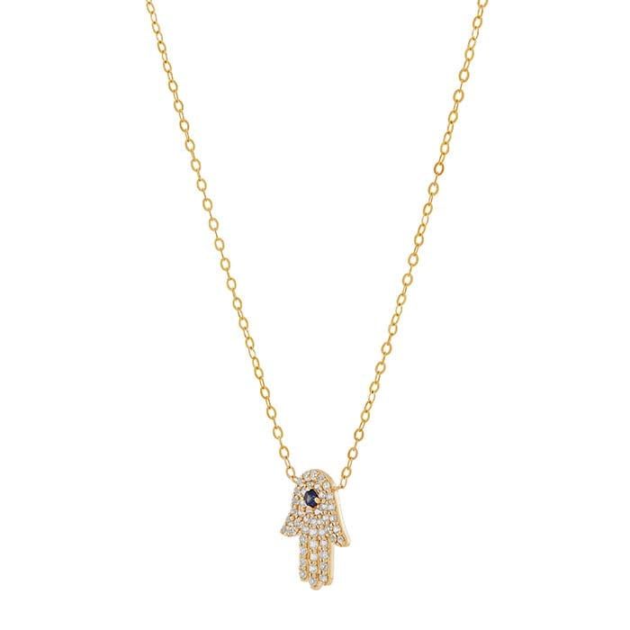 10K Yellow Gold Sapphire Hamsa Necklace 17"