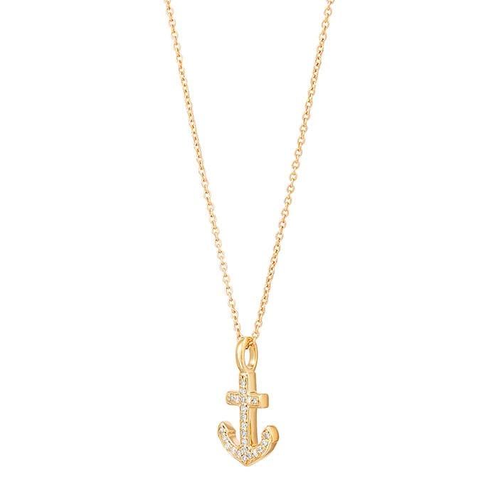 10K Yellow Gold Diamond Anchor Necklace 18"