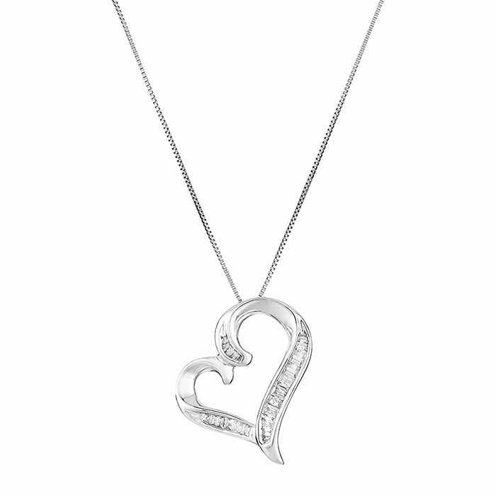 10K White Gold Baguette  Diamond-Set Swirled Heart Necklace