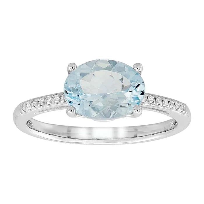 10K White Gold Aquamarine- &amp; Diamond-Set Ring