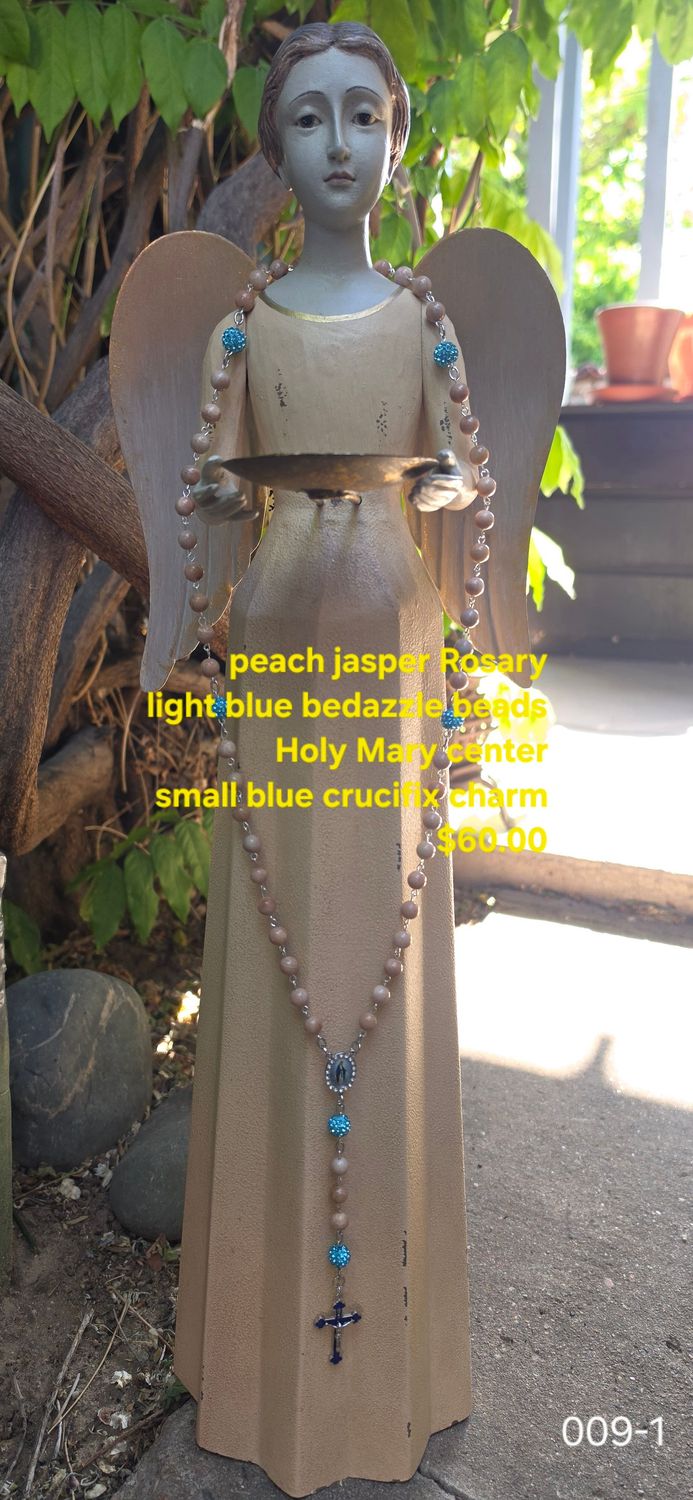 Peach Jasper Rosary Light Blue Bedazzle Beads