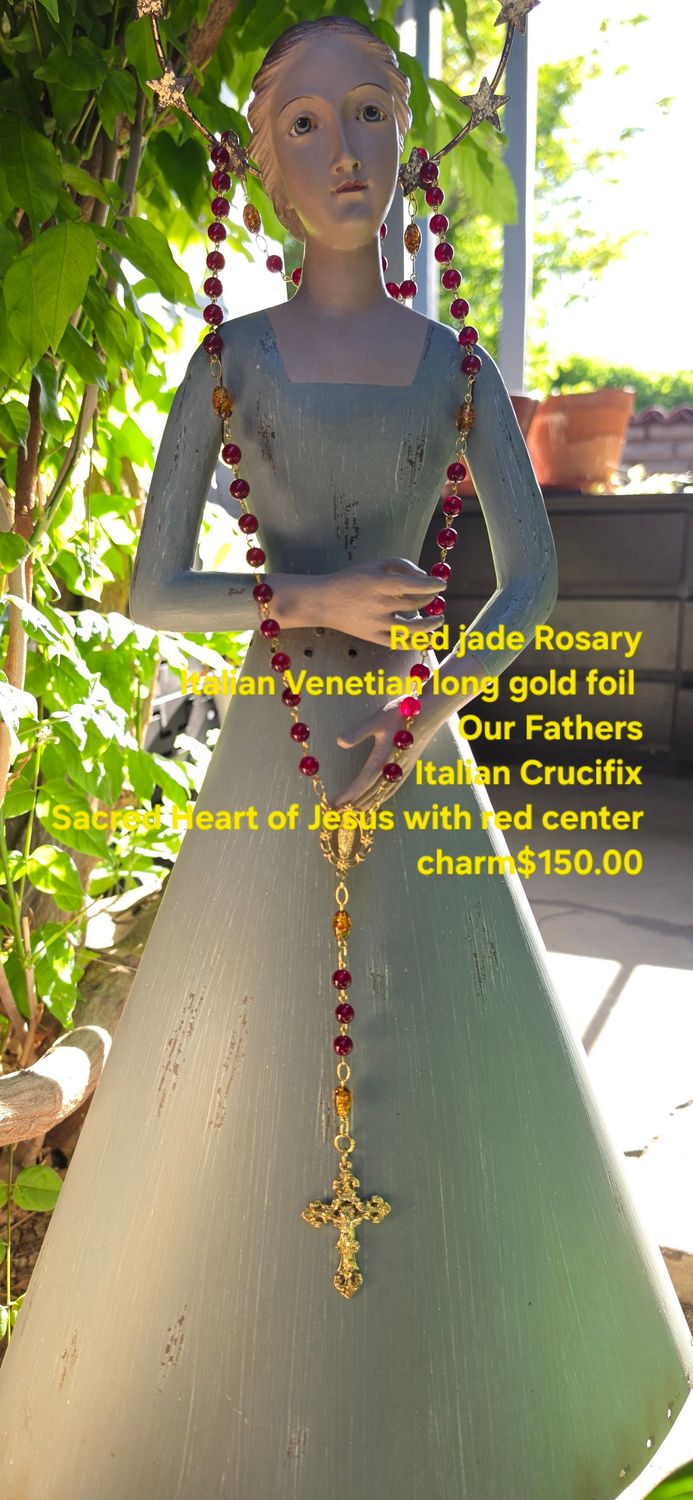 Red Jade Rosary Italian Venetian Long Gold Foil Our Fathers Red Jade Rosary Italian Venetian Long Gold Foil Our Fathers