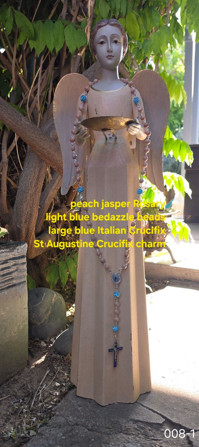 Peach Jasper Rosary Light Blue Bedazzle Beads