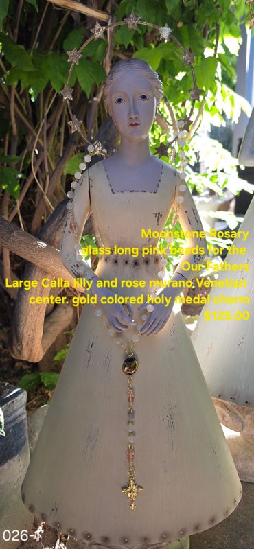 Moonstone Rosary Glass Long Pink Beads for the Our Fathers Moonstone Rosary Glass Long Pink Beads for the Our Fathers
