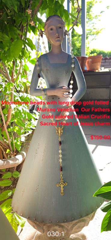 Moonstone Beads w Long Drop Gold Foiled Murano Venetian Our Fathers Moonstone Beads w Long Drop Gold Foiled Murano Venetian Our Fathers