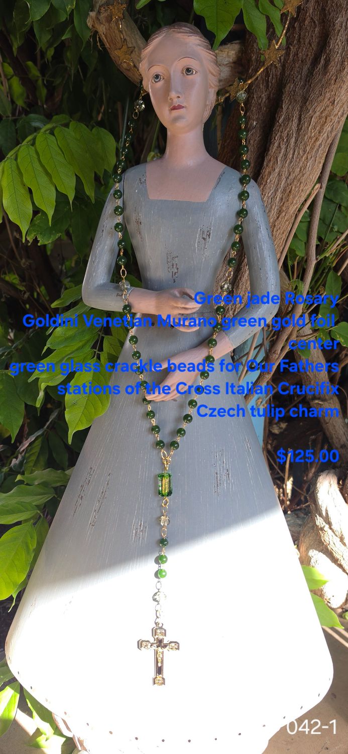 Green Jade Rosary Goldini Venetian Murano Green Gold Foil Center Green Jade Rosary Goldini Venetian Murano Green Gold Foil Center
