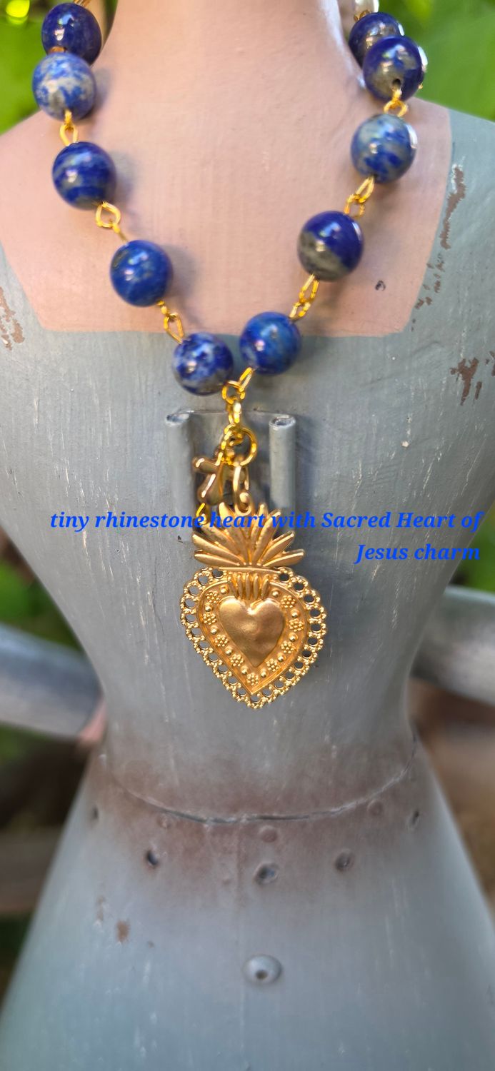Tiny Rhinestone Heart with Sacred Heart of Jesus Charm