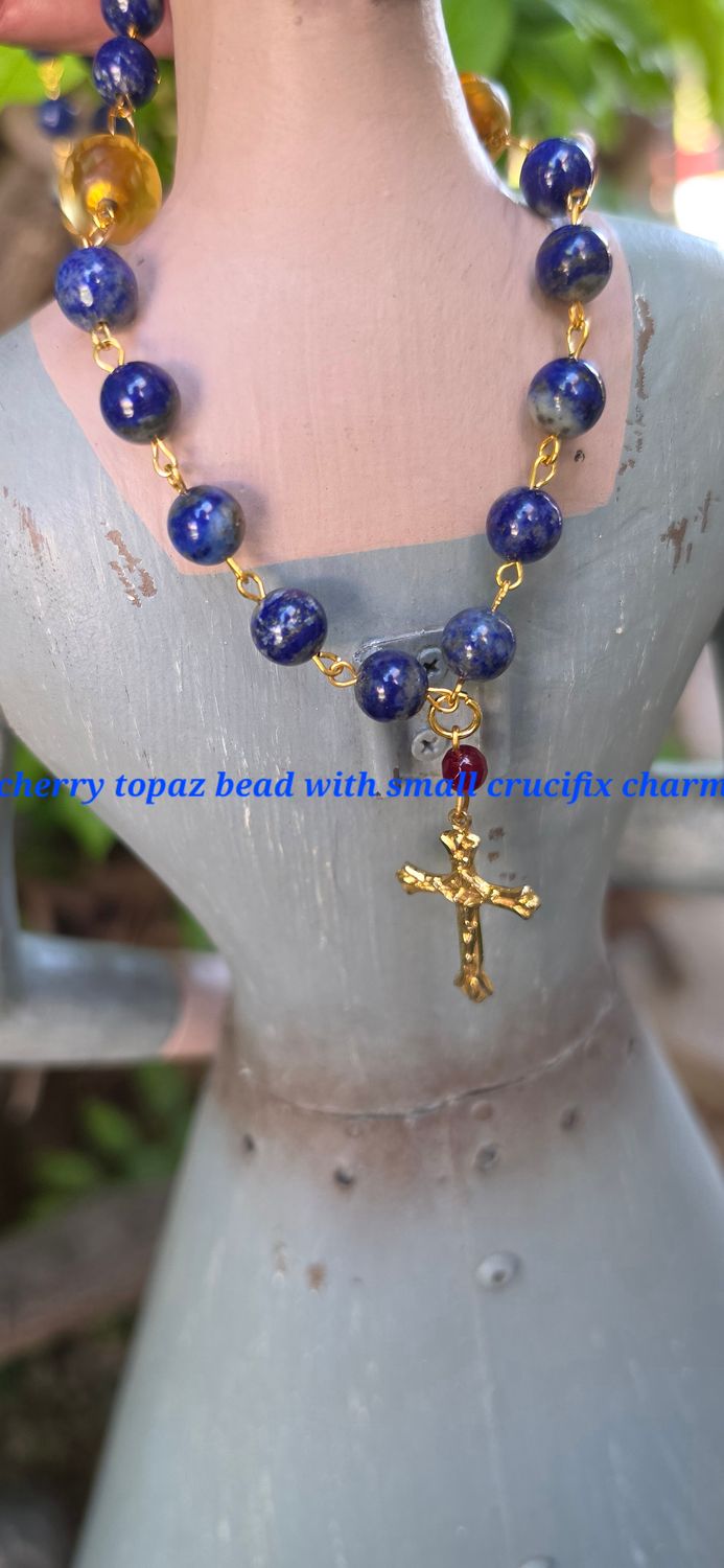 Cherry Topaz Bead w Small Crucifix Charm Cherry Topaz Bead w Small Crucifix Charm
