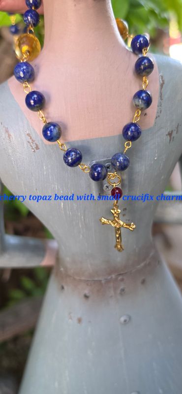 Cherry Topaz Bead w Small Crucifix Charm Cherry Topaz Bead w Small Crucifix Charm
