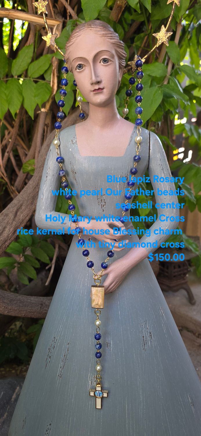 Blue Lapiz Rosary White Pearl Our Father Beads Blue Lapiz Rosary White Pearl Our Father Beads