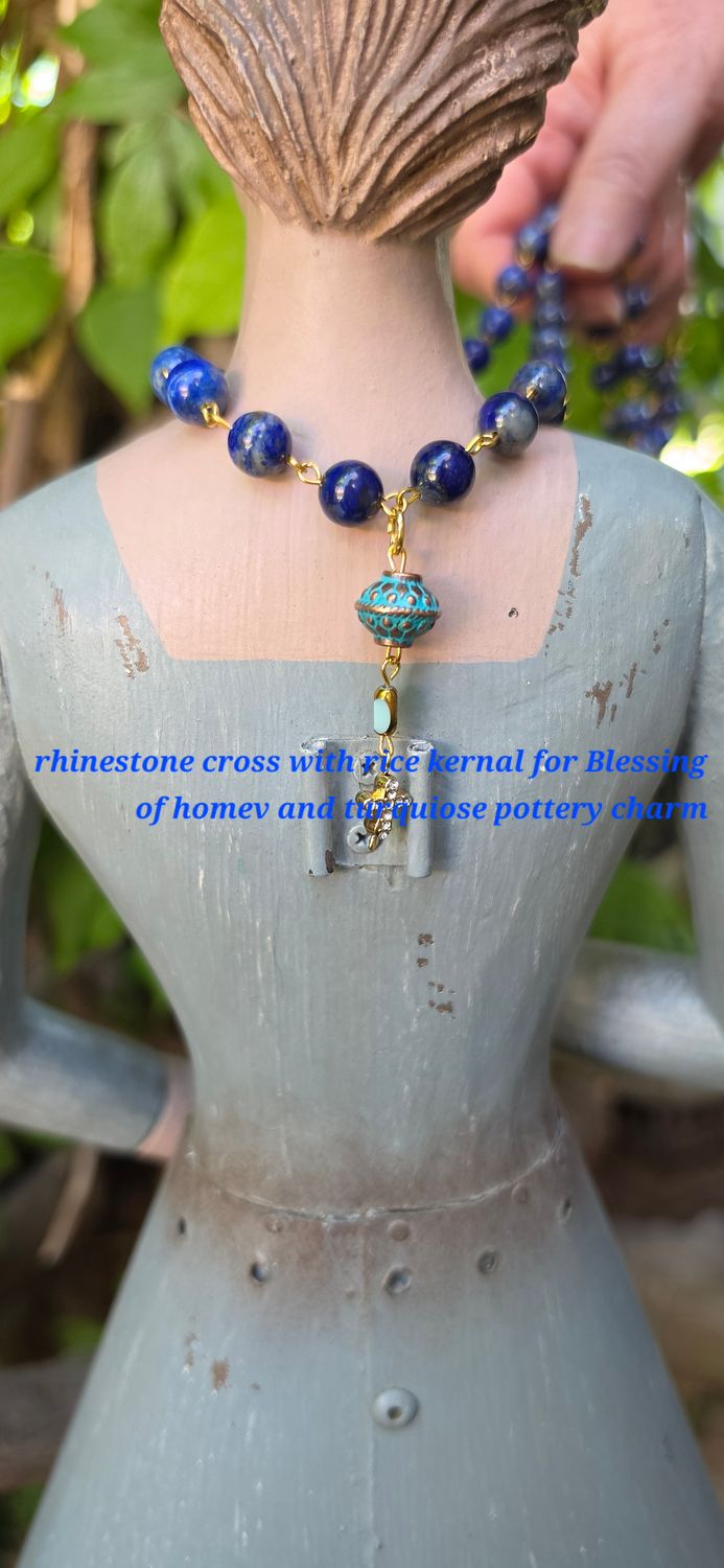 Rhinestone Cross with Rice Kernal for Blessing of Home and Turquoise Pottery Charm Rhinestone Cross with Rice Kernal for Blessing of Home and Turquoise Pottery Charm