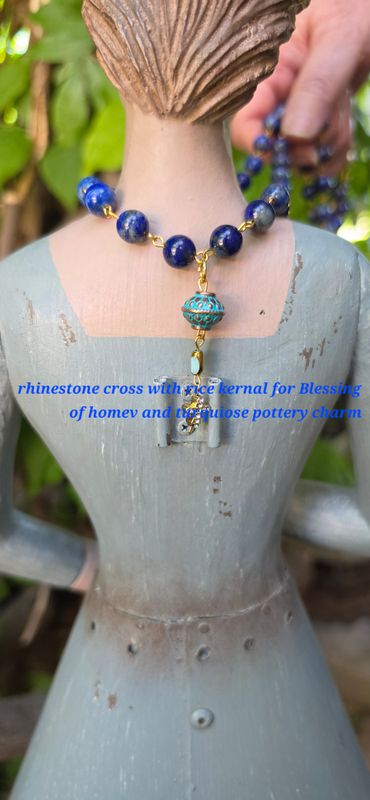 Rhinestone Cross with Rice Kernal for Blessing of Home and Turquoise Pottery Charm Rhinestone Cross with Rice Kernal for Blessing of Home and Turquoise Pottery Charm