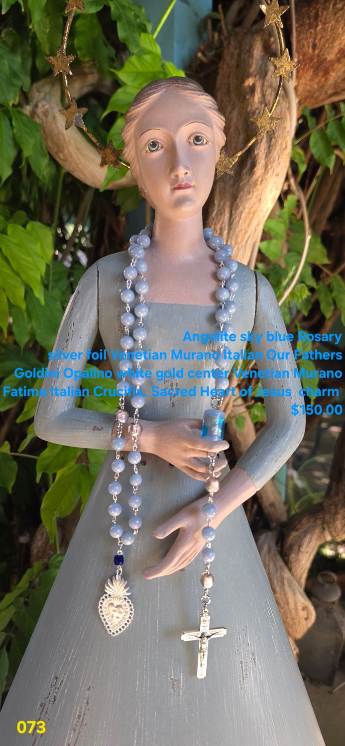 Angelite Sky Blue Rosary Silver Foil Venetian Murano Italian Our Fathers Angelite Sky Blue Rosary Silver Foil Venetian Murano Italian Our Fathers