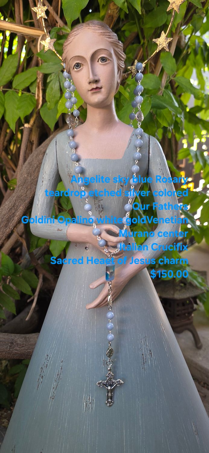 Angelite Sky Blue Rosary Teardrop Etched Silver Colored Our Fathers Angelite Sky Blue Rosary Teardrop Etched Silver Colored Our Fathers
