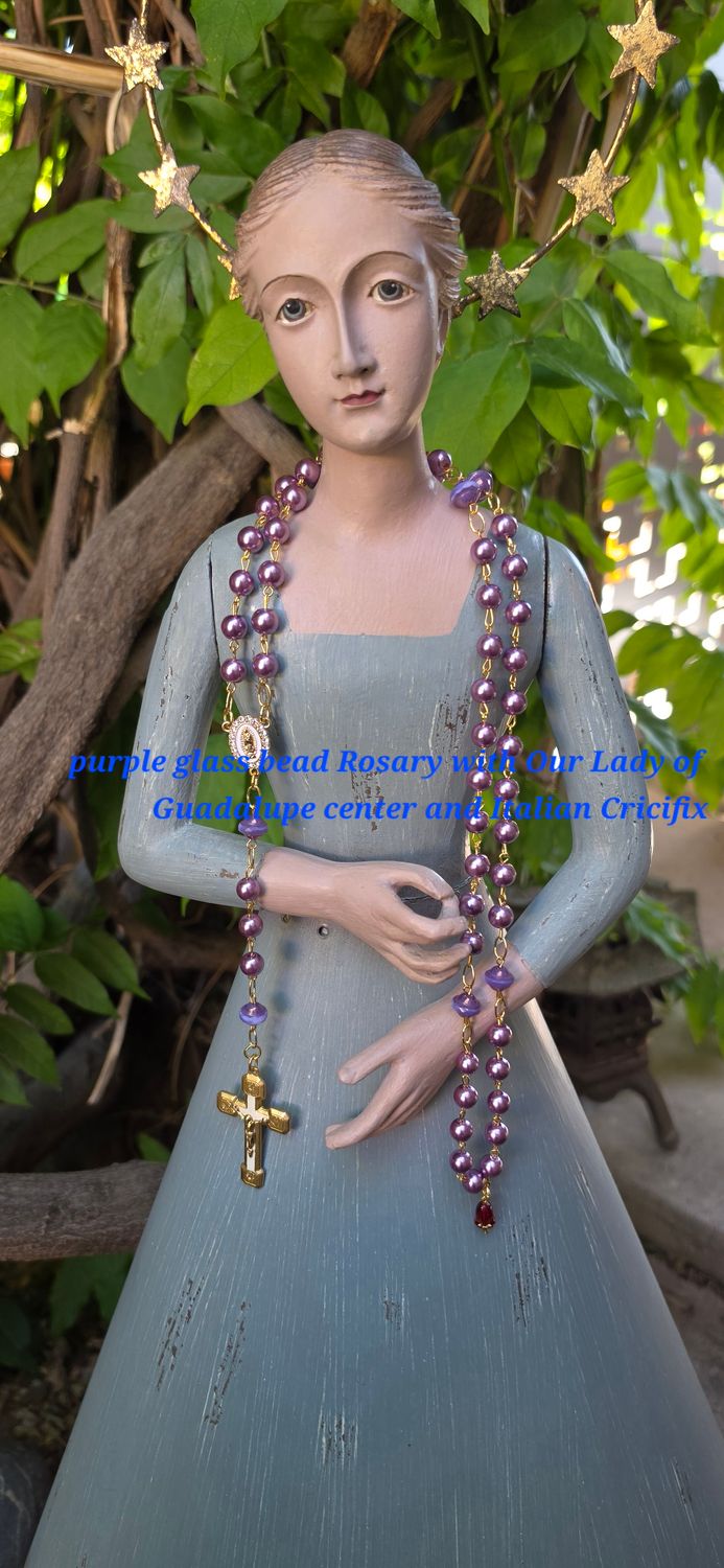Purple Glass Bead Rosary with Our Lady of Guadalupe Center and Italian Crucifix Purple Glass Bead Rosary with Our Lady of Guadalupe Center and Italian Crucifix
