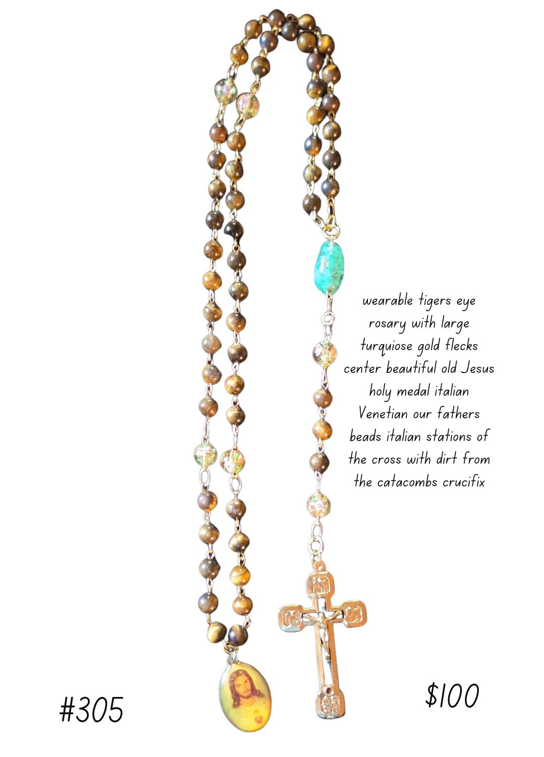 Wearable Tiger's Eye Rosary with Large Turquoise Gold Flecks Wearable Tiger's Eye Rosary with Large Turquoise Gold Flecks