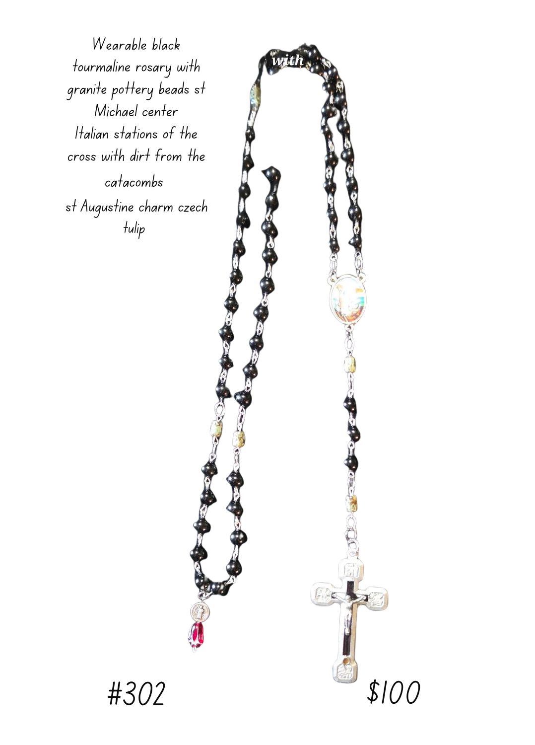 Wearable Black Tourmaline Rosary with Granite Pottery Beads Wearable Black Tourmaline Rosary with Granite Pottery Beads