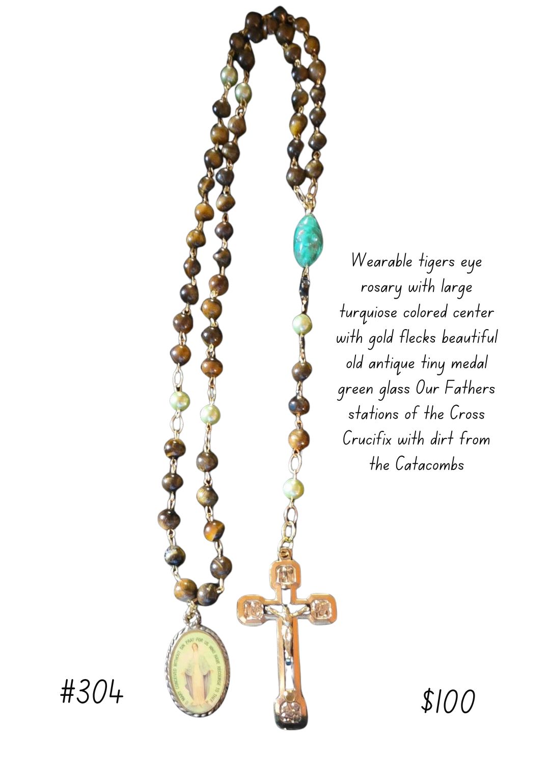 Tiger's Eye Wearable Rosary with Turquoise Centerpiece Tiger's Eye Wearable Rosary with Turquoise Centerpiece