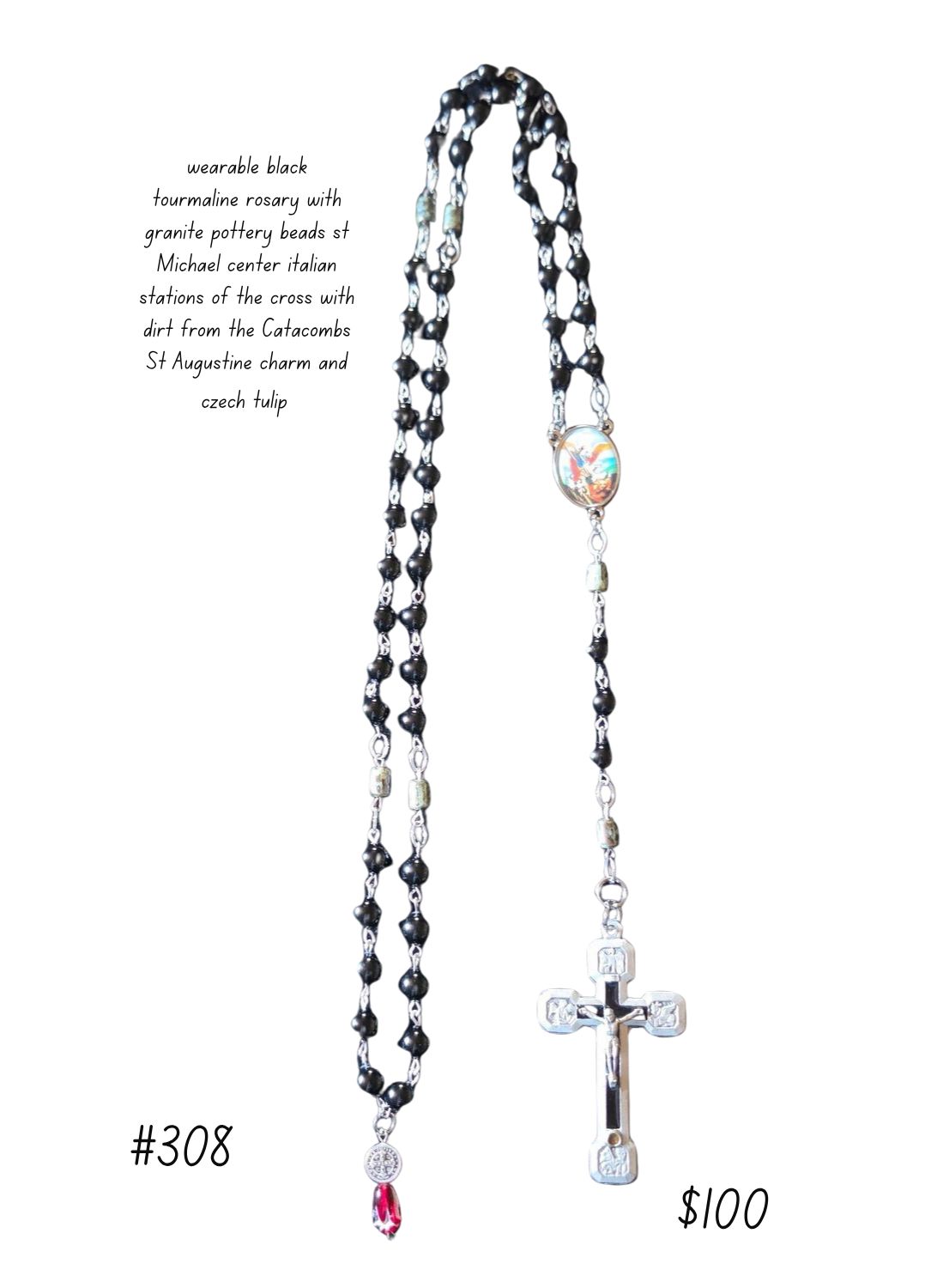 Wearable Black Tourmaline Rosary with Granite Pottery Beads Wearable Black Tourmaline Rosary with Granite Pottery Beads