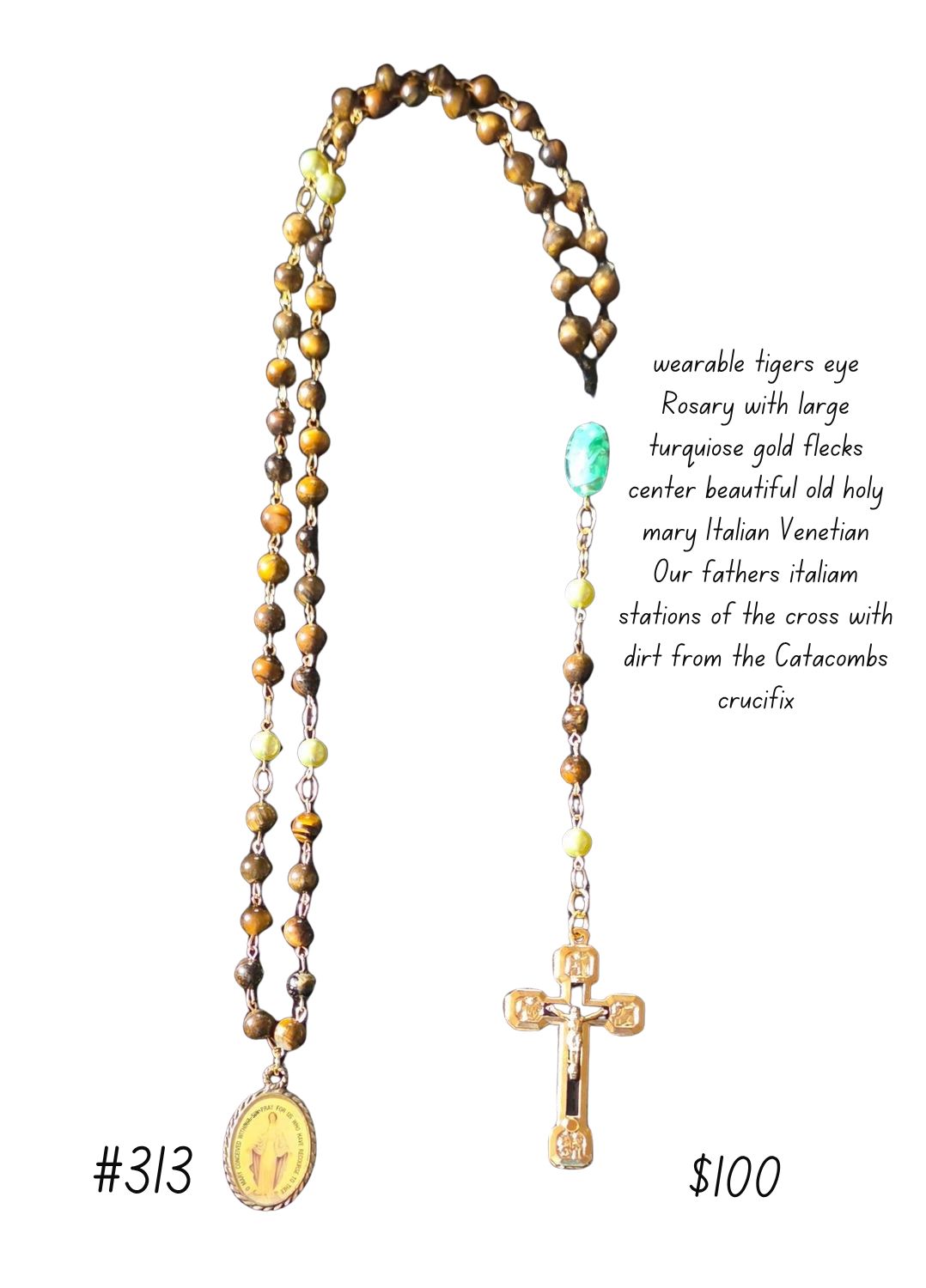 Wearable Tigers Eye Rosary with Large Turquoise Gold Flecks Wearable Tigers Eye Rosary with Large Turquoise Gold Flecks