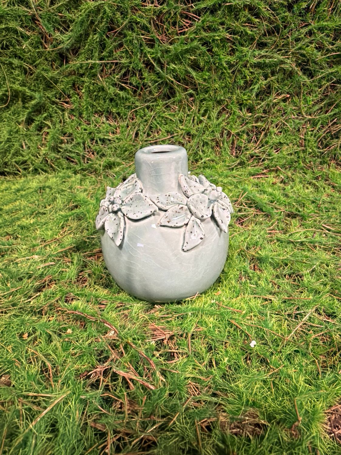 Light Blue Ceramic Vase w/ Raised Flowers 4.25"