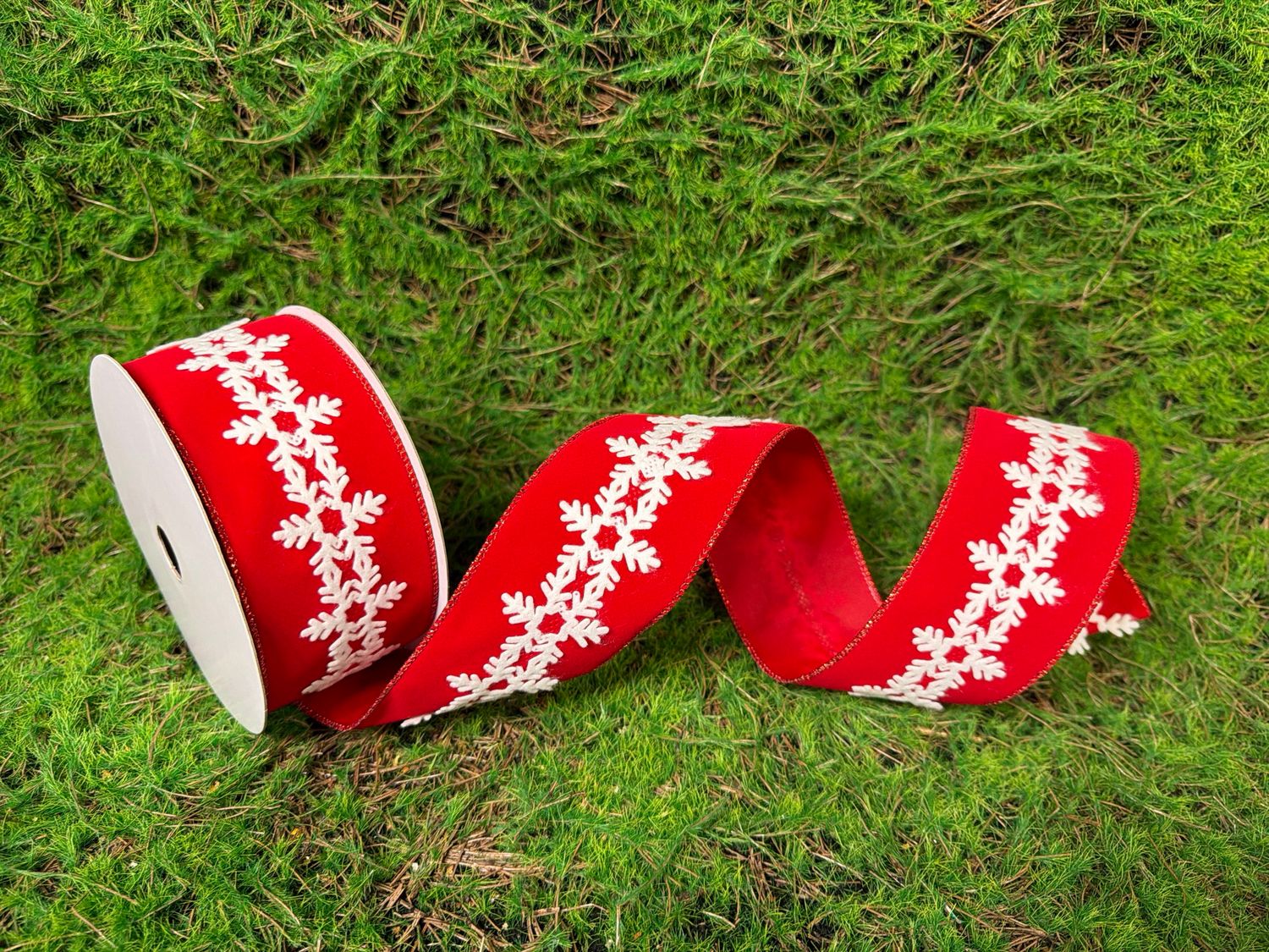 Red Felt Snowflake Velvet Wired Ribbon 2.5"X10yd