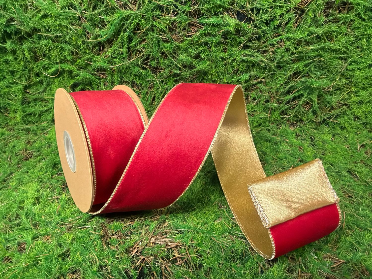 2 1/2" Reversible Red and Gold Velvet Ribbon 10yd