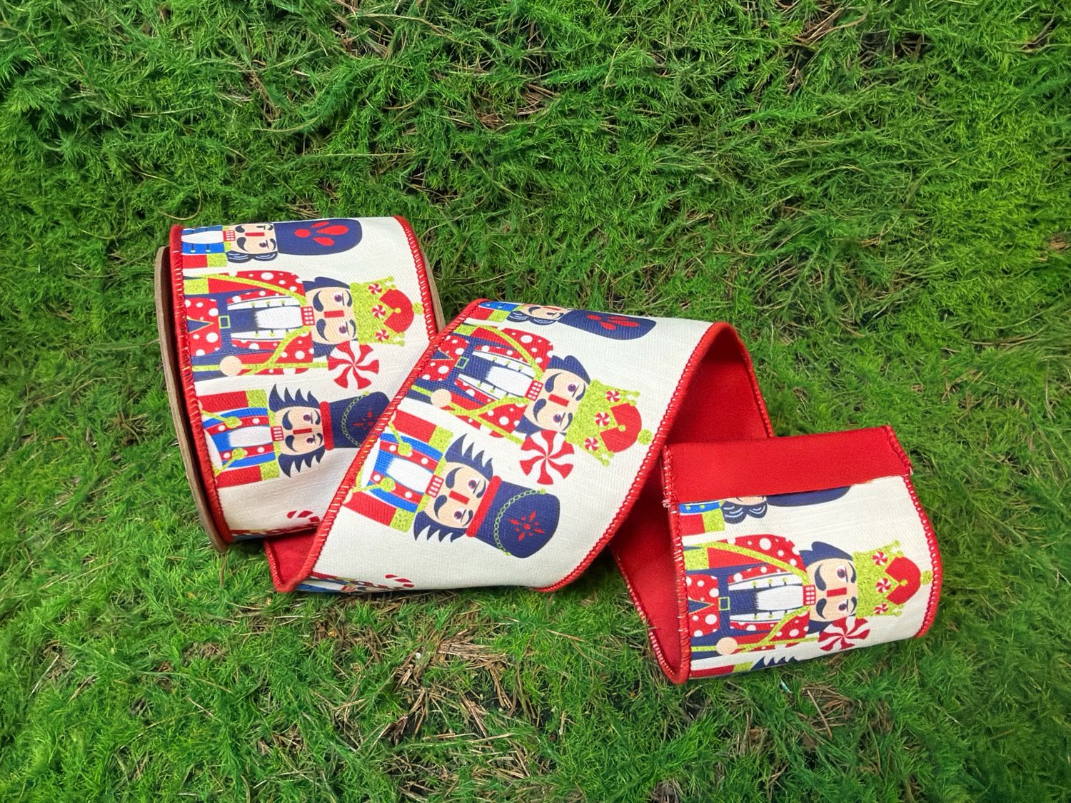 4" Wired Reversible Dupioni Ribbon | Printed Nutcracker with Red Backing | 10yd