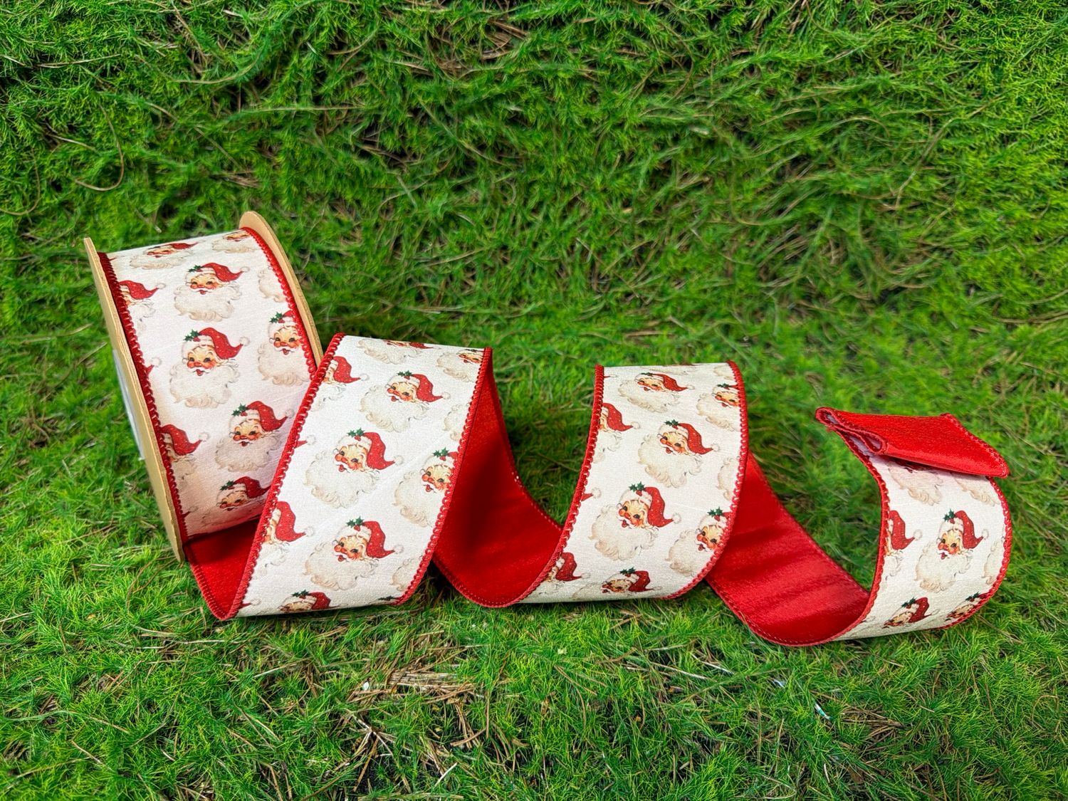 2 1/2" Wired Reversible Dupioni | Santa Face w/ Red and Red Backing | 10 Yard Roll