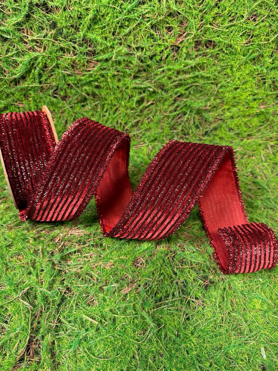 2 1/2" Wired Velvet Ribbon | Burgundy Stripe w/ Burgundy Tinsel Edging | 10yd