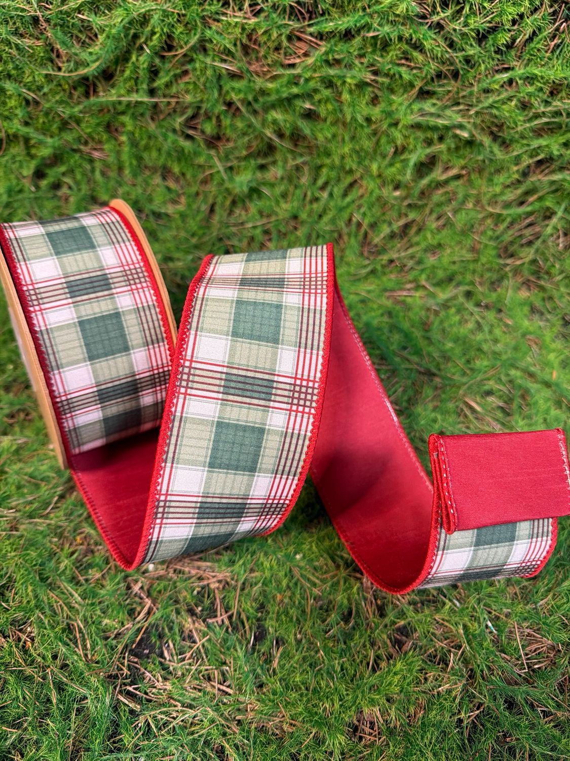 2 1/2" Wired Reversible Dupioni | Red/Green Plaid with Red Backing | 10yd