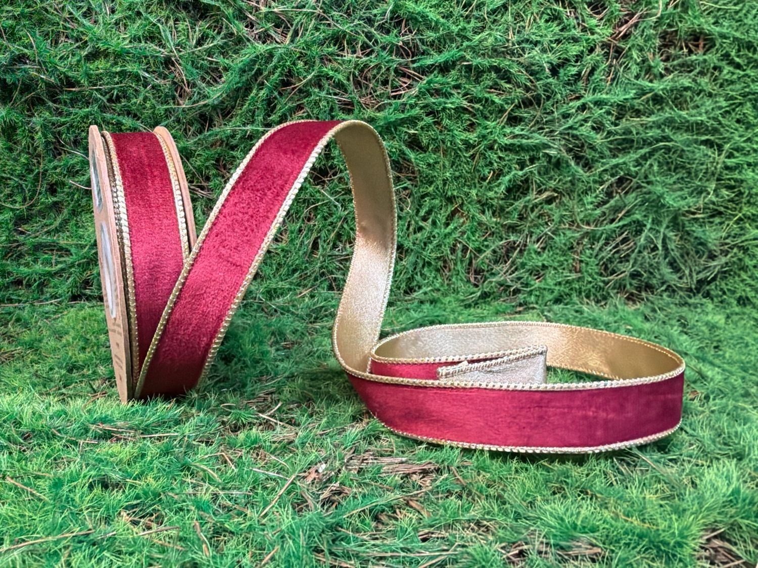 1" Reversible Classic Velvet Wired Ribbon | Burgundy/Gold | 10 Yard Roll