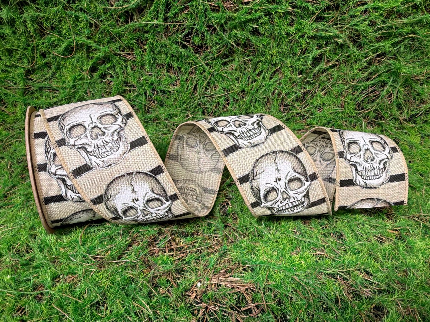 2 1/2" Wired Ribbon | Skull on White/Linen Stripe | 10 Yard Roll