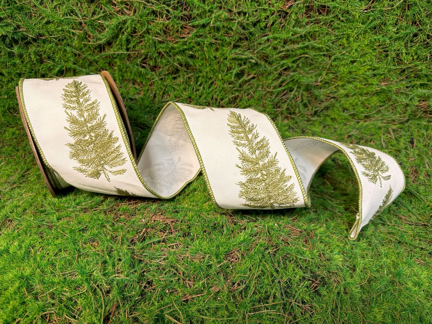 4" Wired Canvas Ribbon | Embroidered Trees | 10 Yard Roll