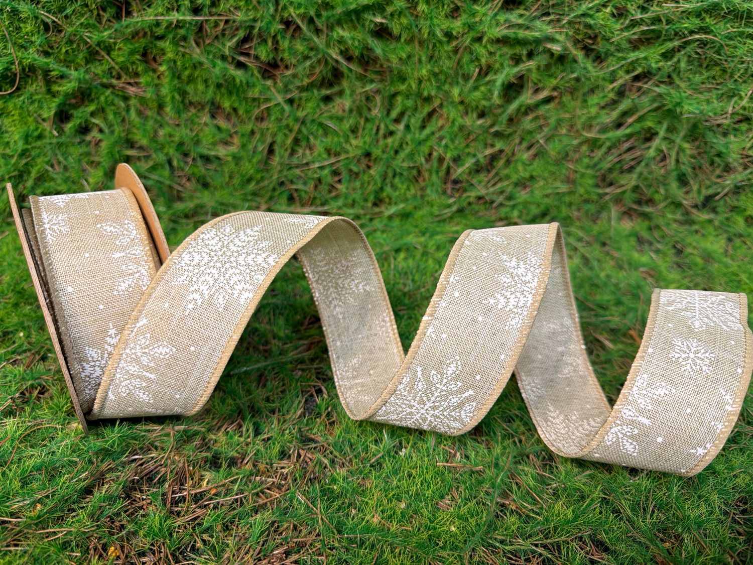1 1/2" Wired Ribbon | "Snowflake" Natural/White | 10 Yard Roll