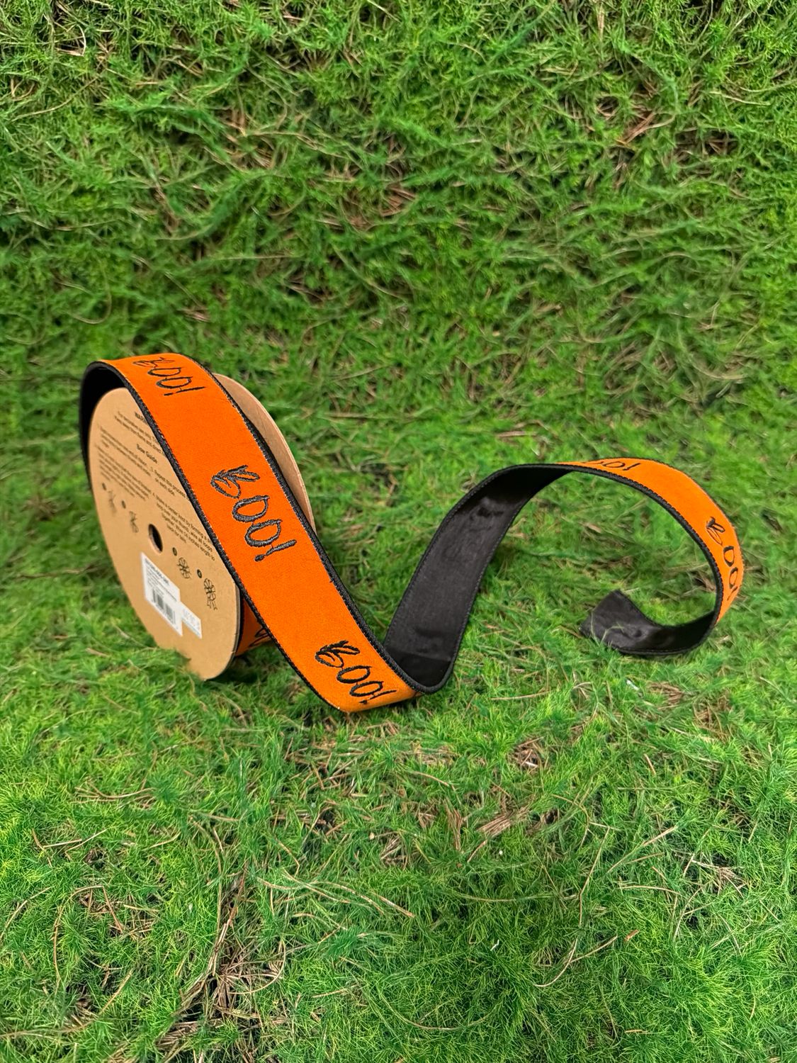 Orange Embroidered Boo w/ Black Backing 1 1/2" Wired Ribbon 10yd