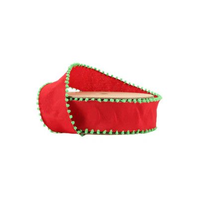 1 1/2" Wired Ribbon | Red w/ Lime Green Pom Pom Edge | 10yd