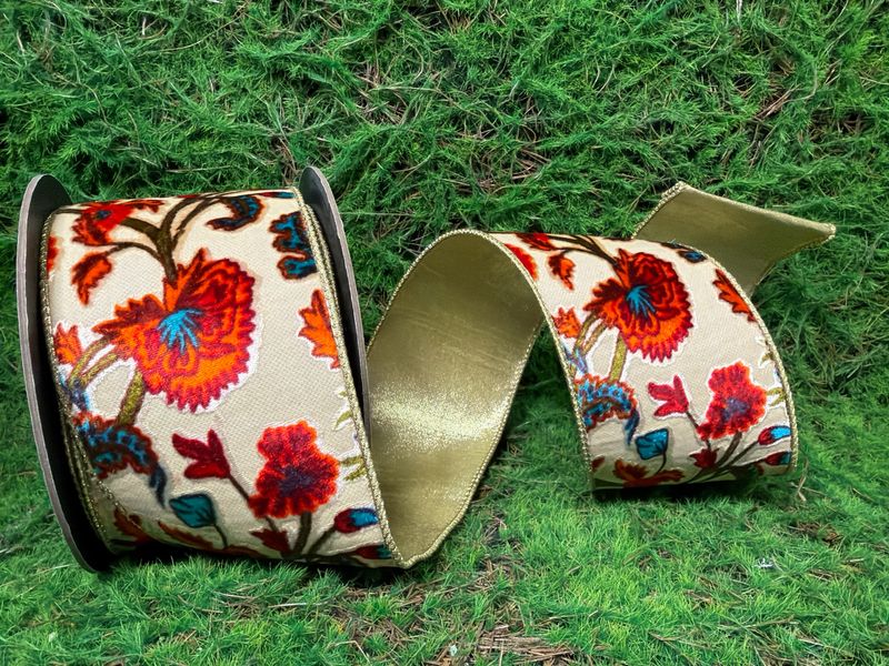 Burnt Out Velvet Highgrove Floral Ribbon | Metallic Gold Trim | 4x10yd