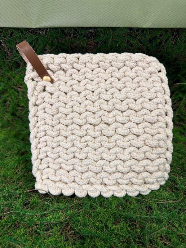 Cream Knit Pot Holder with Leather Strap