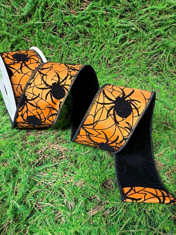 2.5" Orange with Black Velvet Spider Ribbon 10yd