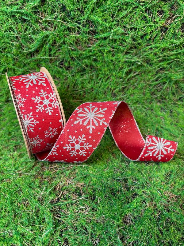 2 1/2" Faux Linen Wired Ribbon | Red w/ Glitter Silver Snowflake | 25yd