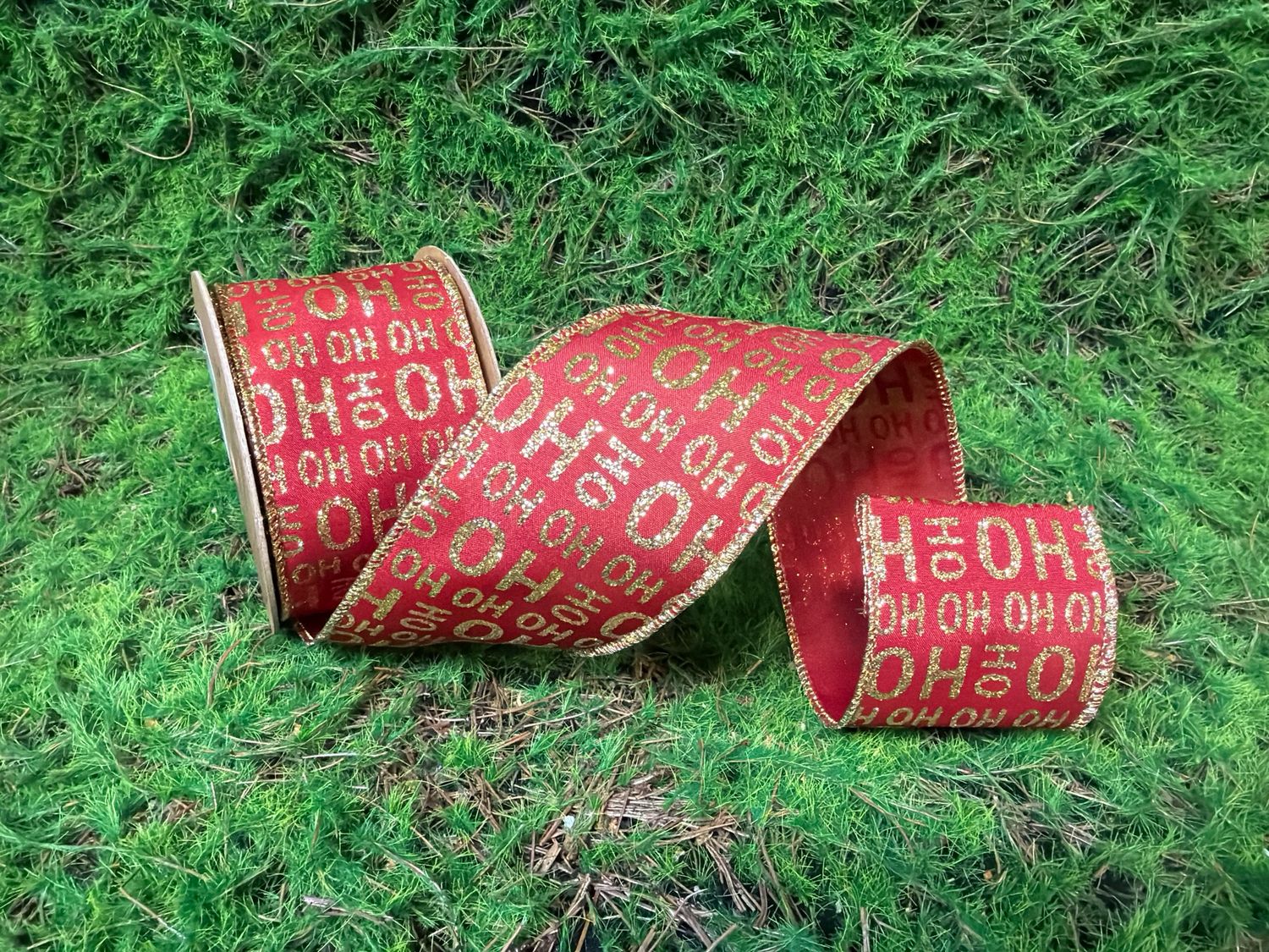 2 1/2" Wired Ribbon | Gold Ho Ho Ho on Red | 10 Yard Roll