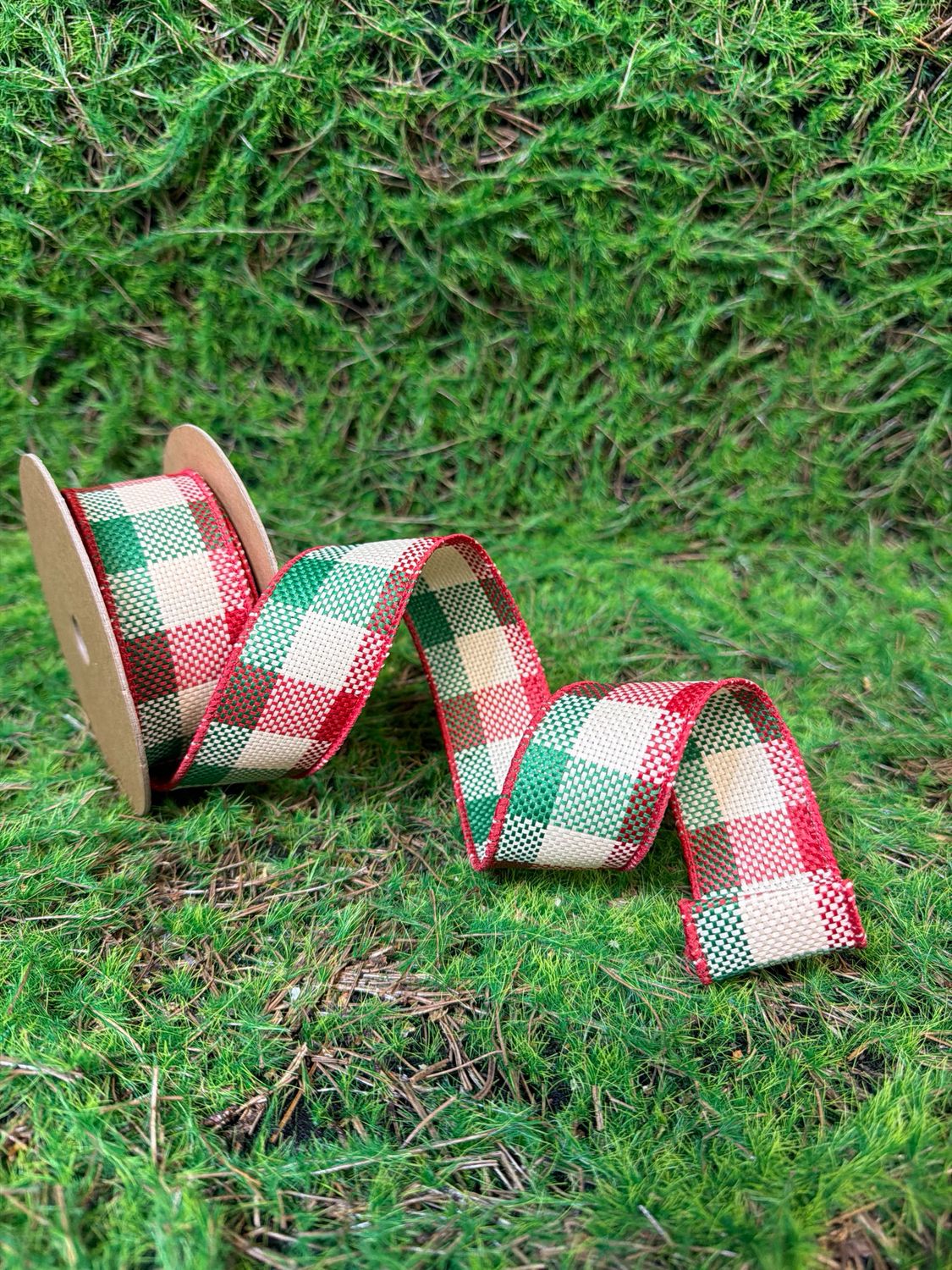 1 1/2" Wired Ribbon | "Check" White/Red/Green | 10 Yard Roll