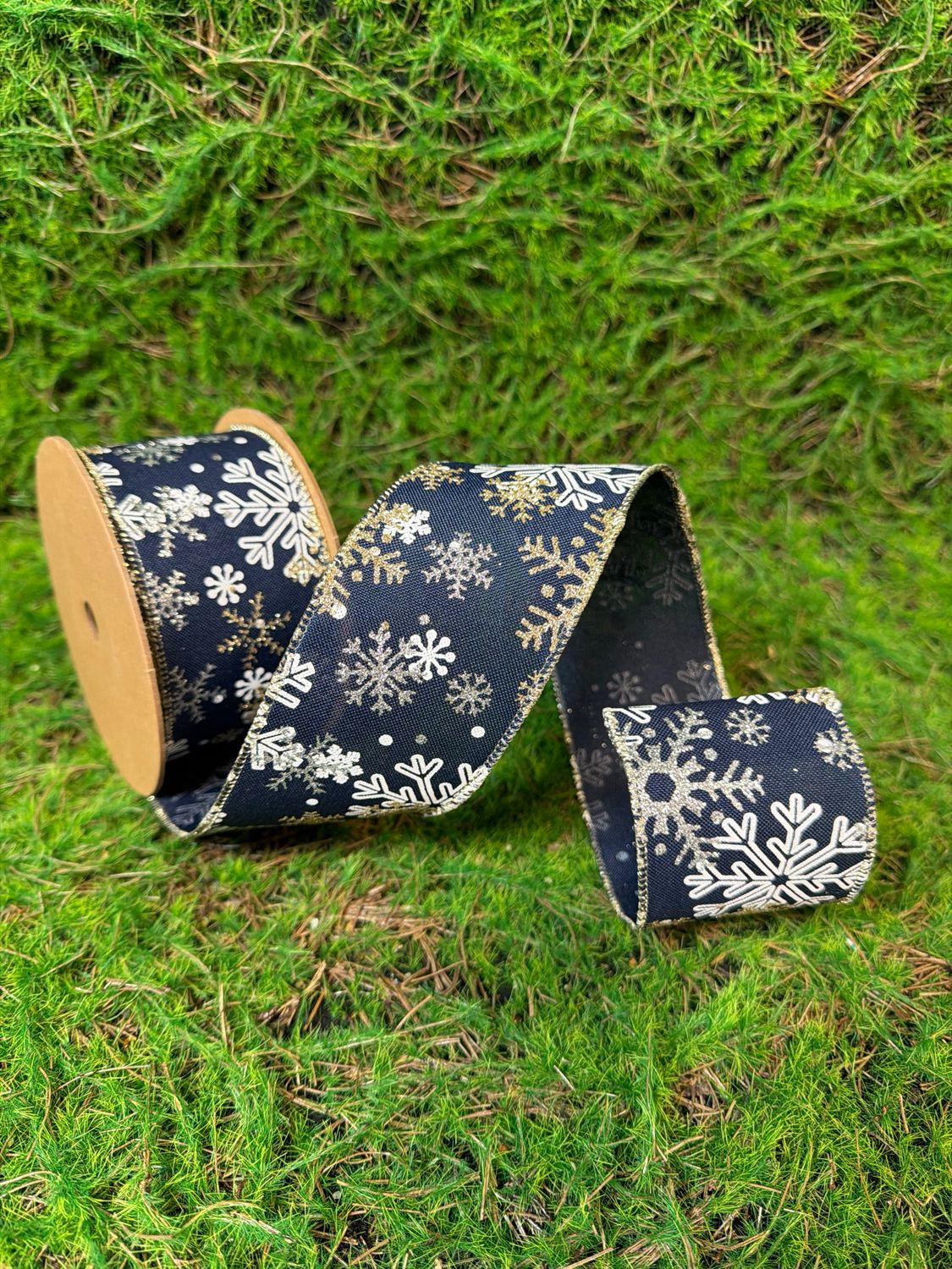 2 1/2" Faux Linen Wired Ribbon | Blue w/ Silver Glitter and Print White Snowflake | 10yd