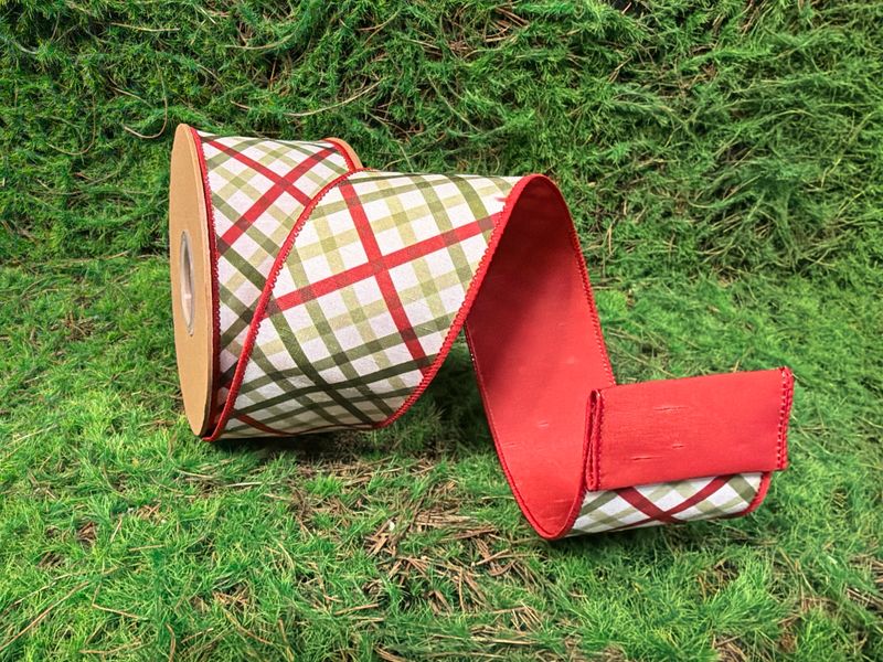 2 1/2" Wired Dupioni Ribbon | Diagonal Plaid with Red Backing | 10 Yard Roll