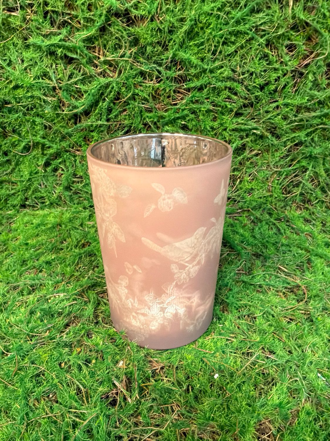 Pink Candle Holder with Mercury Glass 7"H