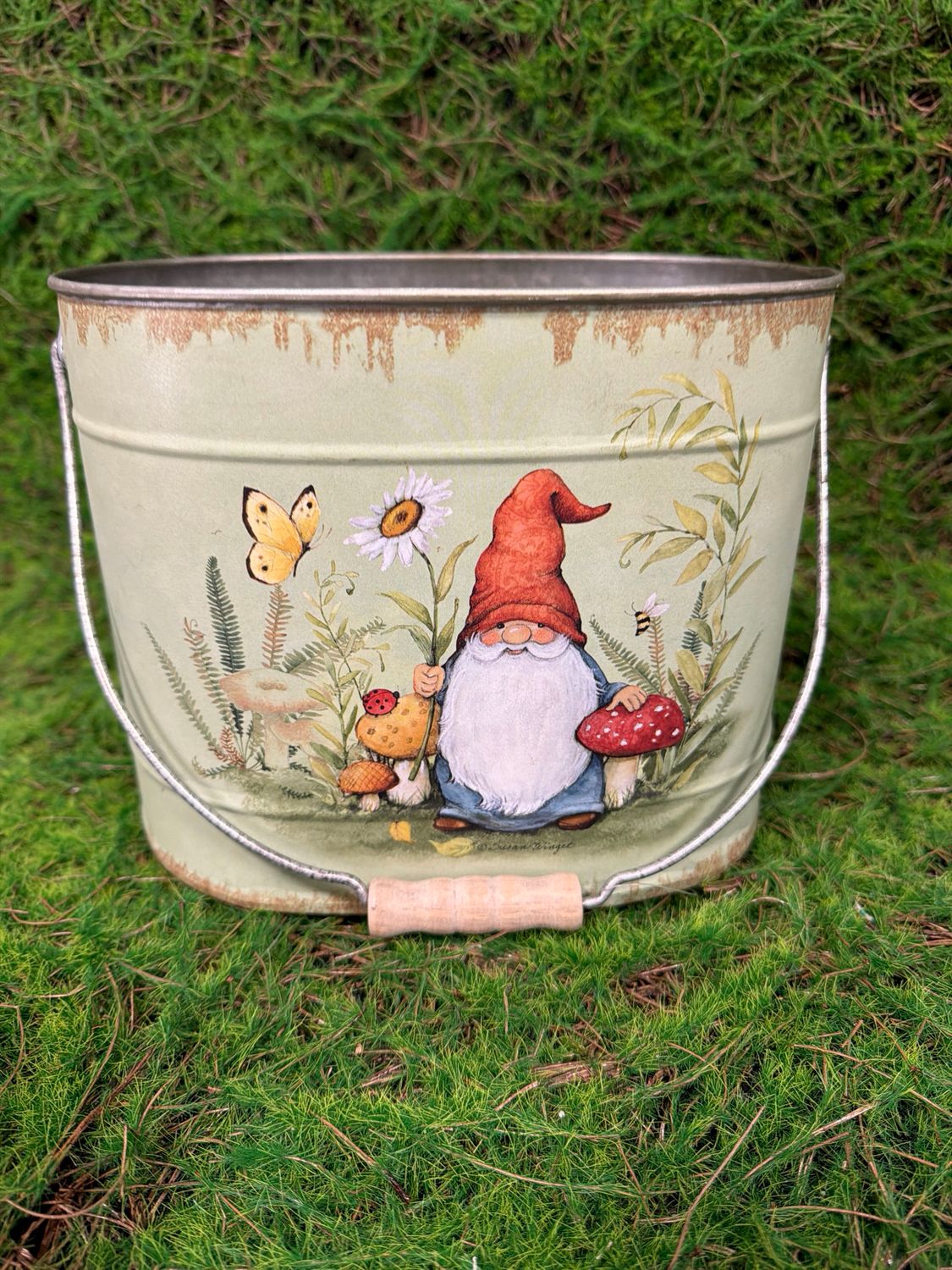Metal Floral Gnome Bucket 7"H