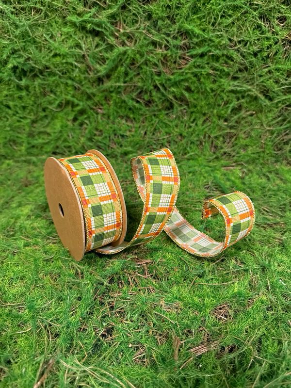 Orange &amp; Green Plaid with Gold Accent 1 1/2" Wired Ribbon  10yd