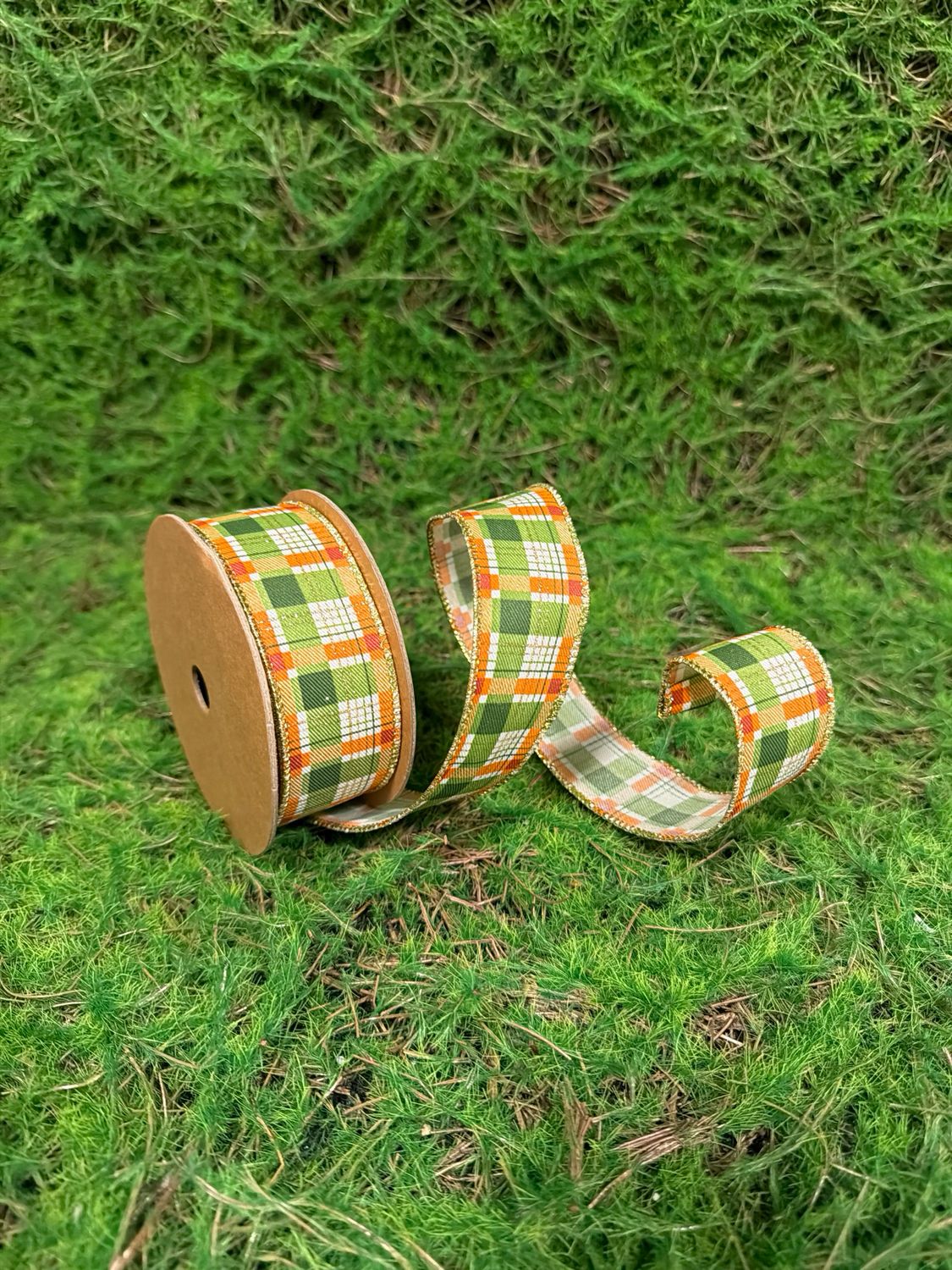 Orange &amp; Green Plaid with Gold Accent 1 1/2" Wired Ribbon  10yd