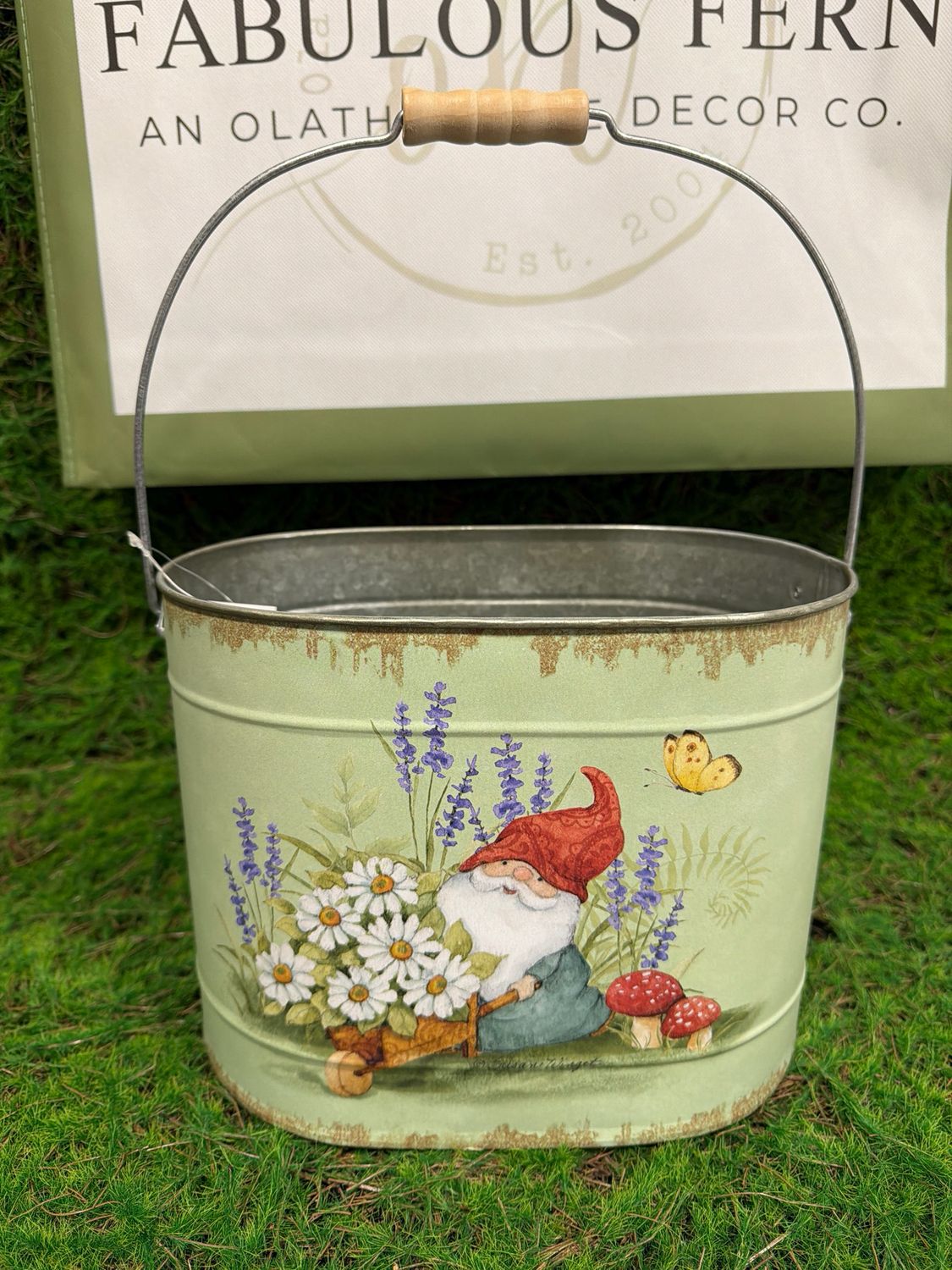 Metal Floral Gnome Bucket 10"x8"H